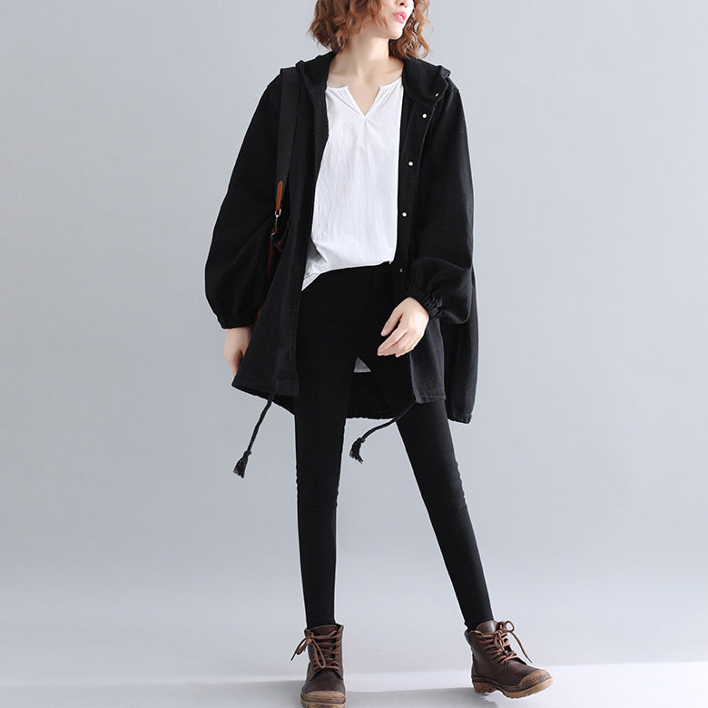Drune | schwarze Parkas für Frauen lässiger Kapuzenwärmer Wintermantel Elegante bestickte Wintermäntel