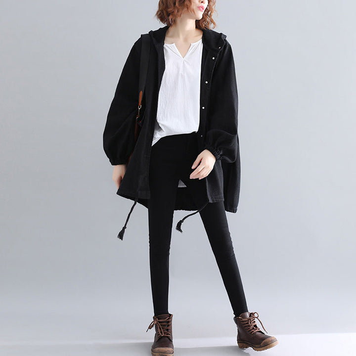 Drune | schwarze Parkas für Frauen lässiger Kapuzenwärmer Wintermantel Elegante bestickte Wintermäntel
