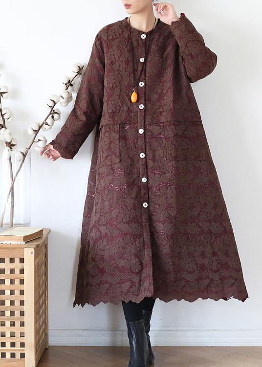 Drune | Schokolade Damen Mäntel Oversize warme Winterjacke O-Ausschnitt Jacquard Übergangsjacke