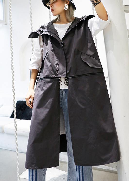 Drune | graue Mäntel Damen Übergrößen Mäntel ärmellos mit Kapuze Reißverschluss Outwear