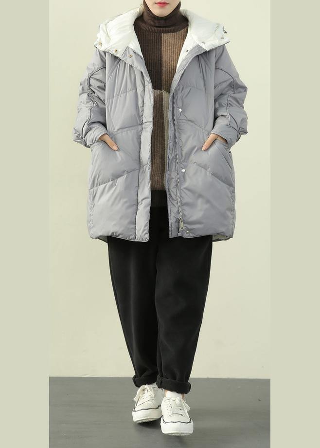 Drune | grau blauer Entendaunenmantel Übergrößen Winterjacke mit Kapuze Reißverschlussmäntel