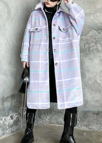 Drune | hellblauer karierten Wollmantel Winter Revers asymmetrische Mäntel