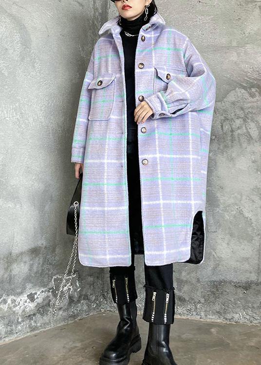 Drune | hellblauer karierten Wollmantel Winter Revers asymmetrische Mäntel