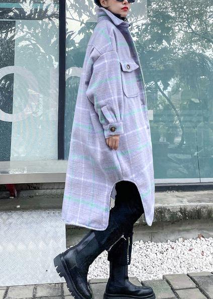 Drune | hellblauer karierten Wollmantel Winter Revers asymmetrische Mäntel