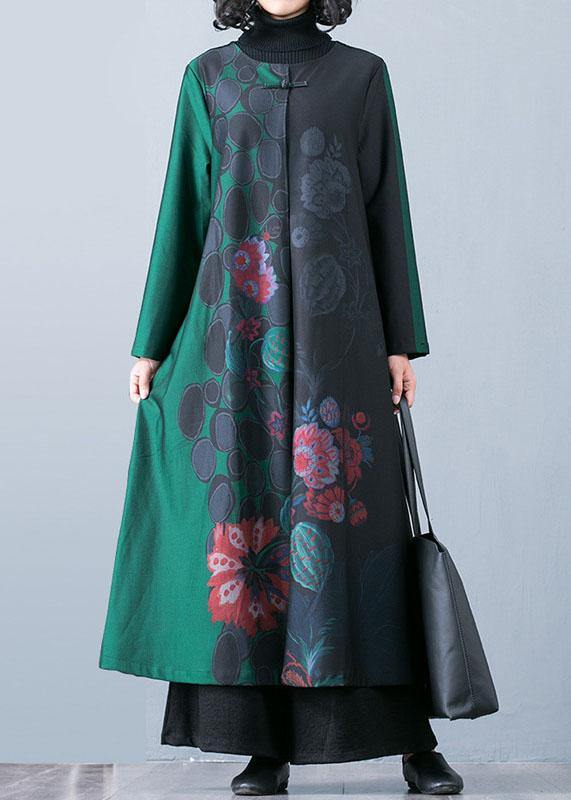 Drune | Plus-Size Maxi-Mantel Trenchcoats Grüne Drucke O-Ausschnitt Übermantel