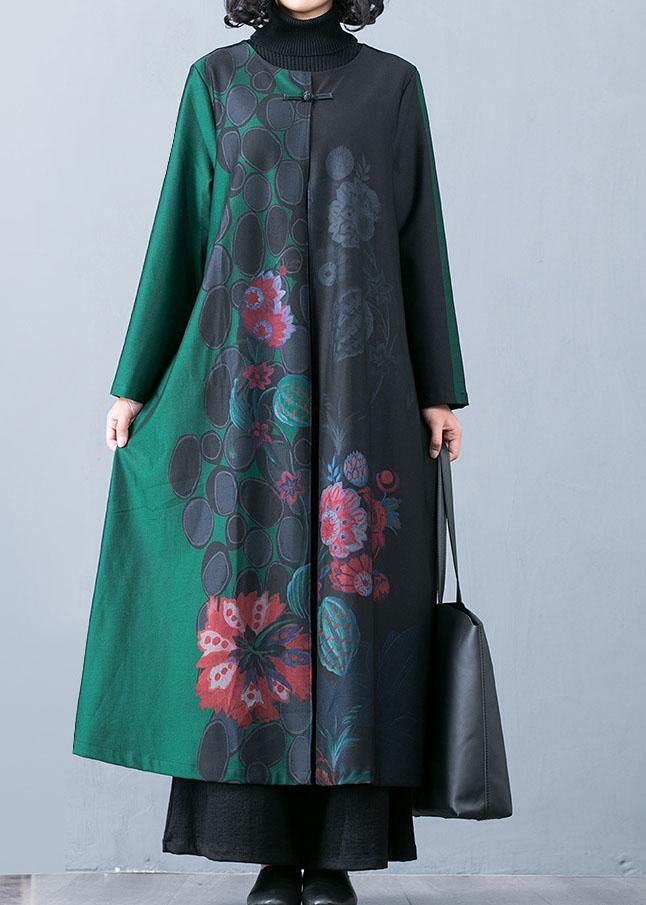 Drune | Plus-Size Maxi-Mantel Trenchcoats Grüne Drucke O-Ausschnitt Übermantel