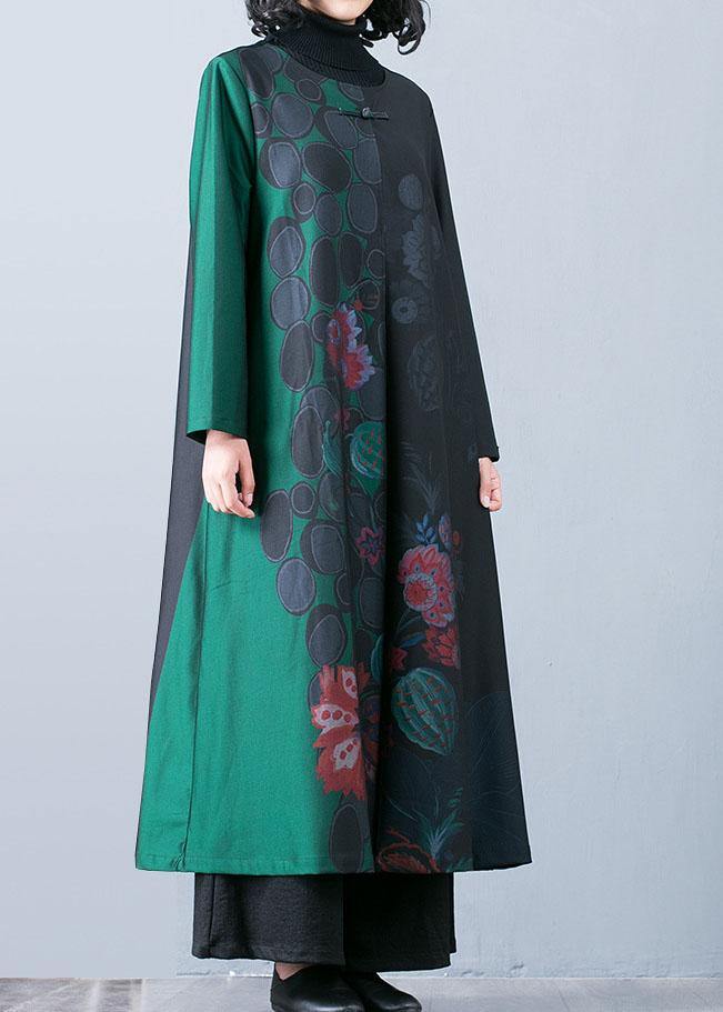 Drune | Plus-Size Maxi-Mantel Trenchcoats Grüne Drucke O-Ausschnitt Übermantel