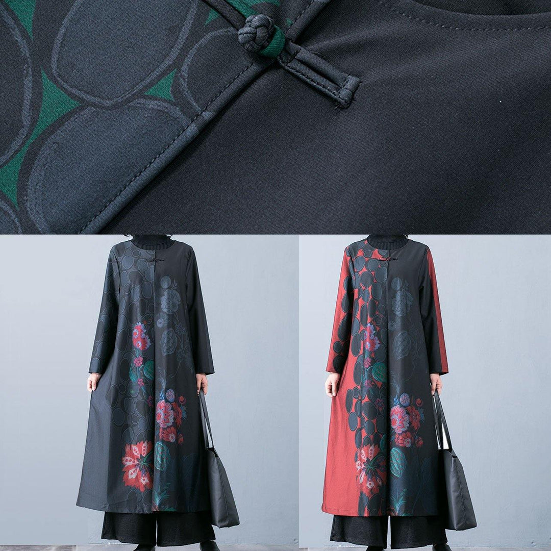 Drune | Plus-Size Maxi-Mantel Trenchcoats Grüne Drucke O-Ausschnitt Übermantel