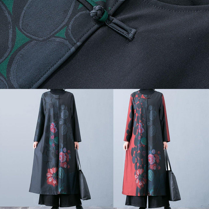 Drune | Plus-Size Maxi-Mantel Trenchcoats Grüne Drucke O-Ausschnitt Übermantel