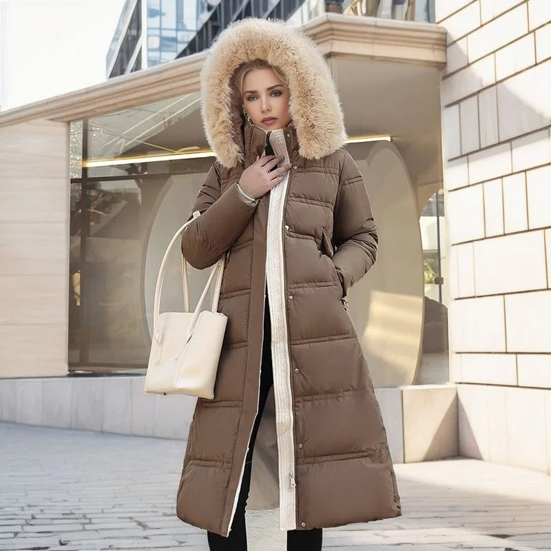 Drune | Lange Winterjacke Puffer Design Kunstfell Kapuze Taillengürtel Warm Und Isolierend
