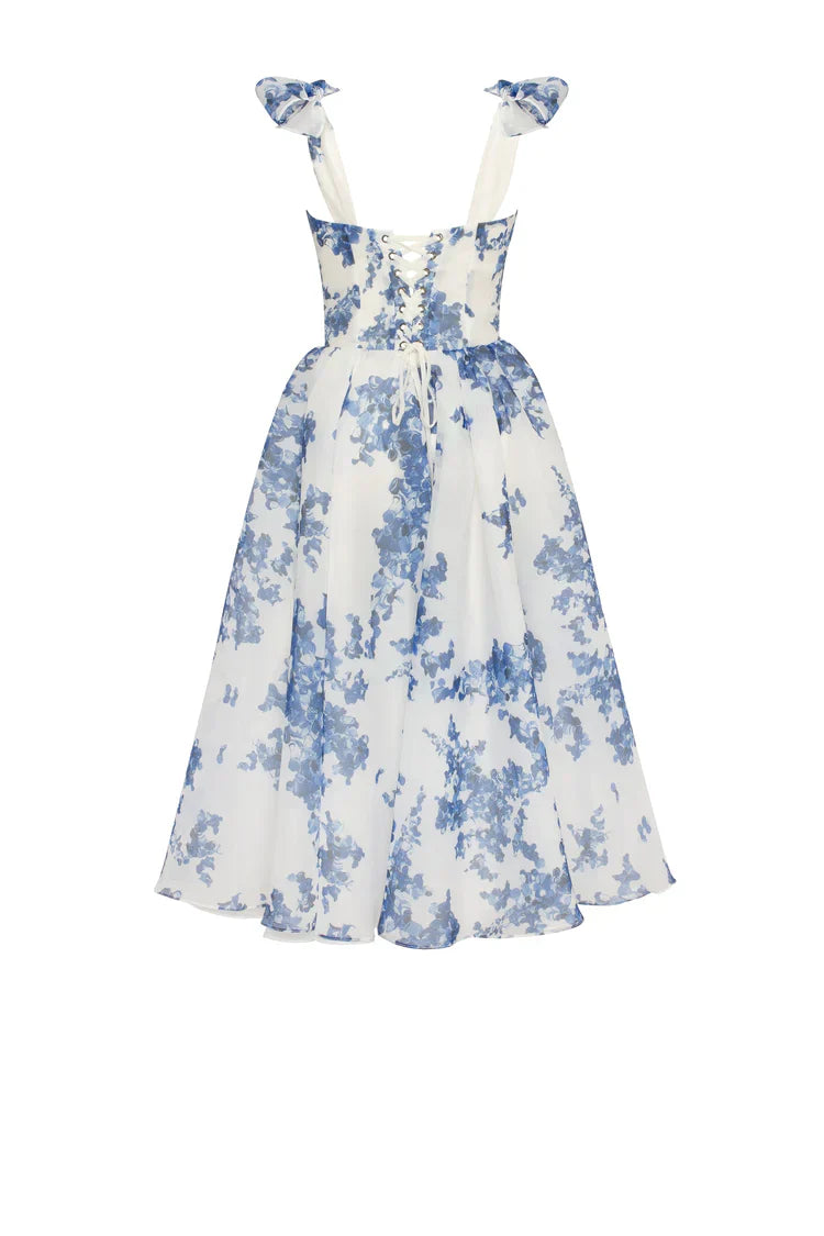 Drune | blaues Organza Midi Kleid mit Hortensienmuster