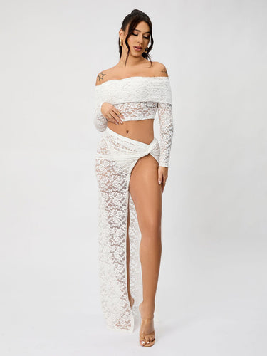Drune | Off-Shoulder Floral Lace Long Sleeve Maxi Co-Ord Set