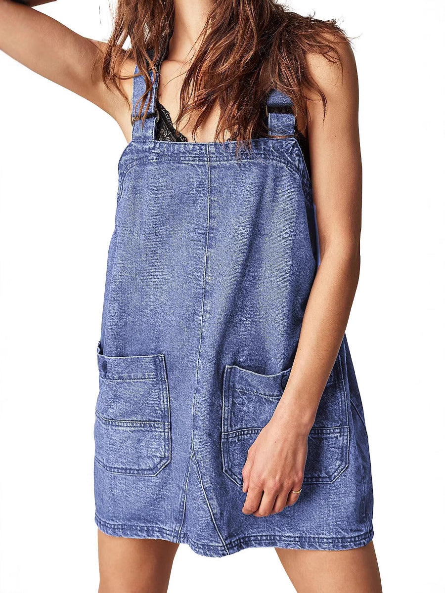 Damen Lässiger Denim-Latzkleid mit praktischen Fronttaschen und verstellbaren Trägern Drune