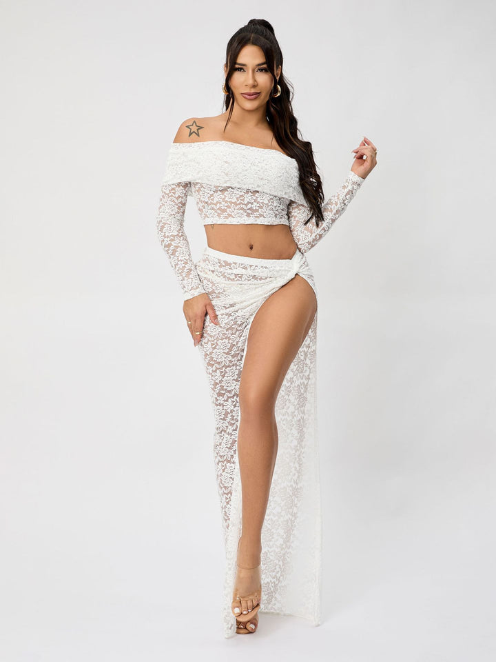 Drune | Off-Shoulder Floral Lace Long Sleeve Maxi Co-Ord Set