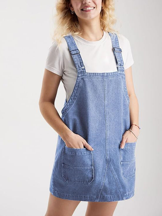 Damen Lässiger Denim-Latzkleid mit praktischen Fronttaschen und verstellbaren Trägern Drune