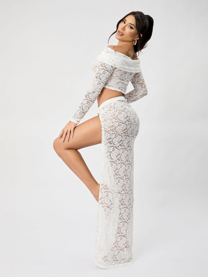 Drune | Off-Shoulder Floral Lace Long Sleeve Maxi Co-Ord Set