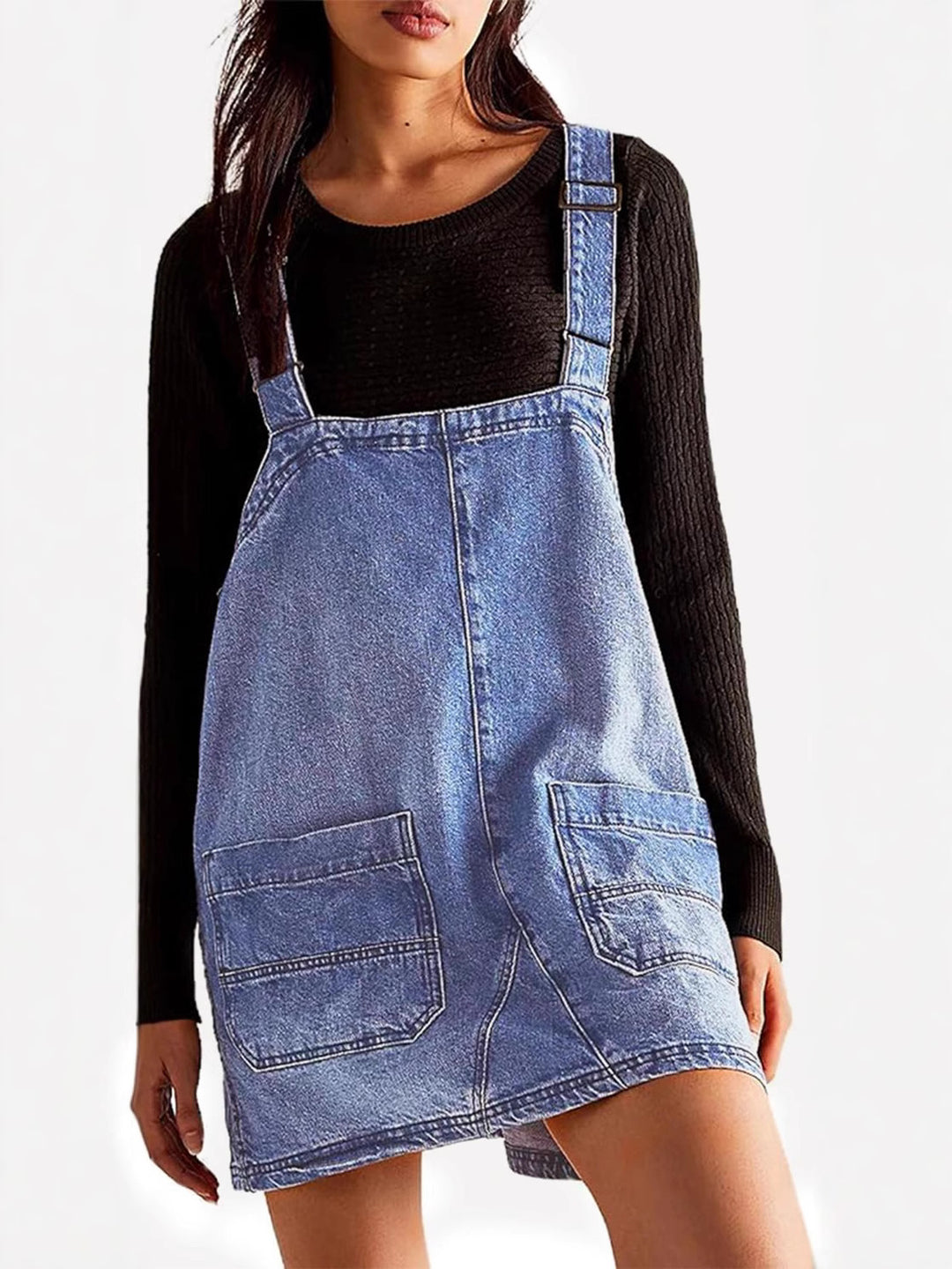 Damen Lässiger Denim-Latzkleid mit praktischen Fronttaschen und verstellbaren Trägern Drune