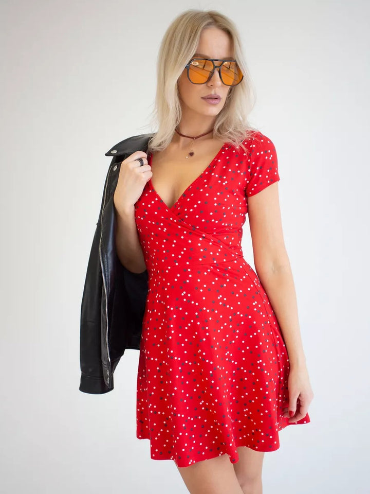 Drune | Kurzärmelige Hohe Taille A-Linie Blumen Kleid