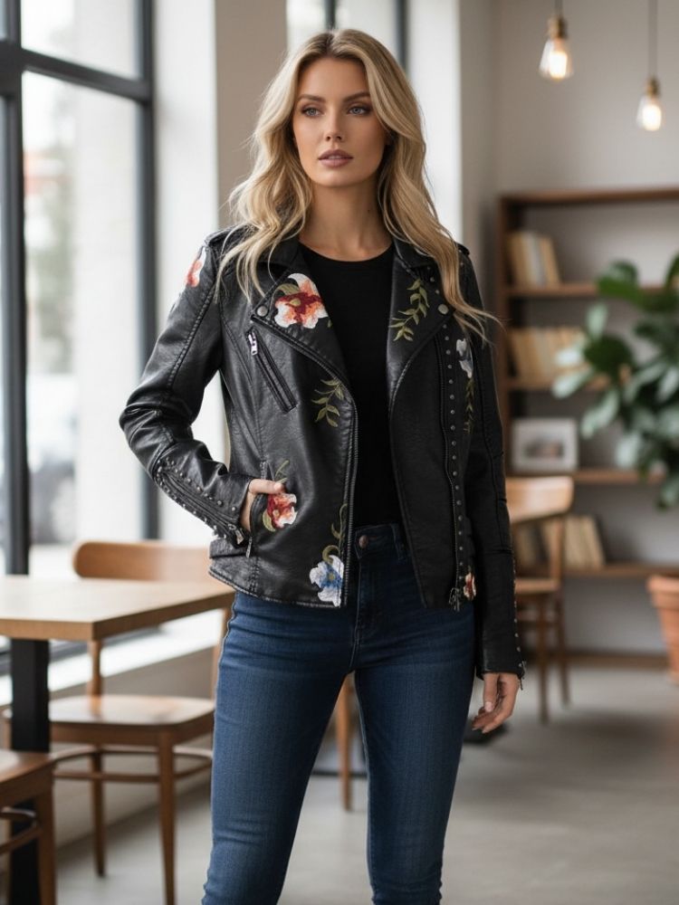 Drune | Lederjacke für Damen mit gestickten Blumen, schick und elegant