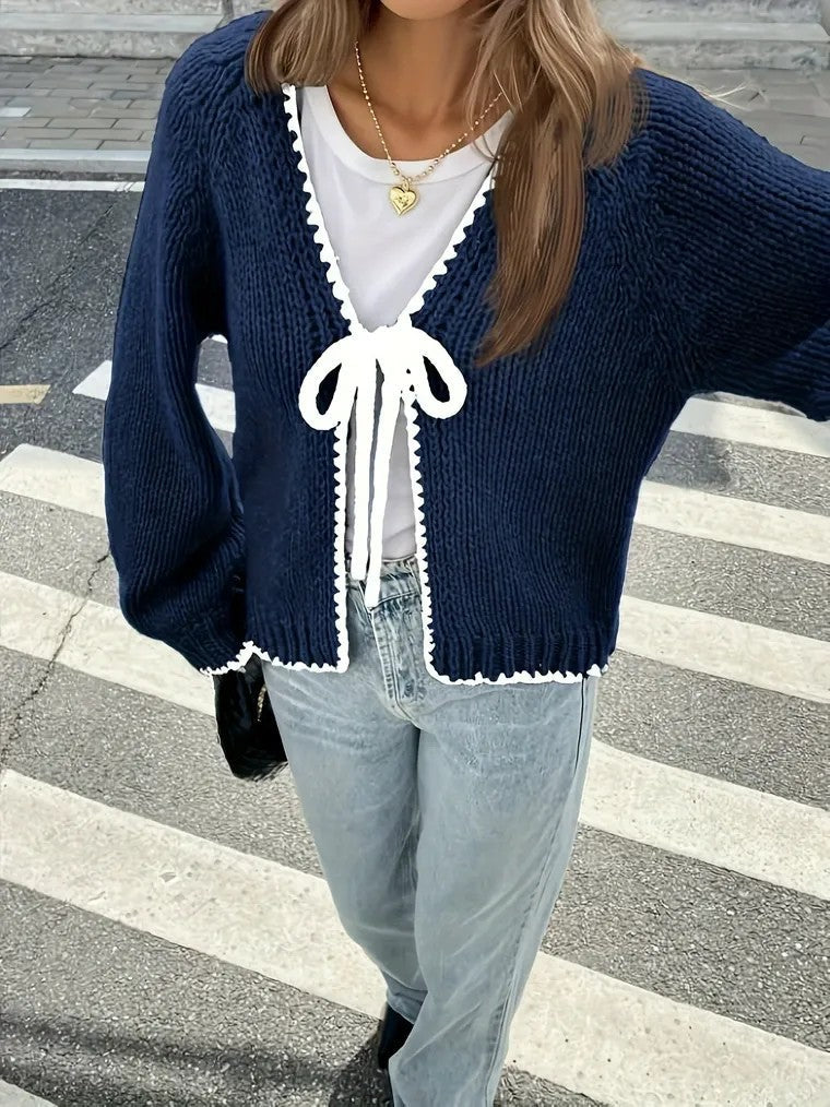 Drune | Damen Strick-Cardigan mit V-Ausschnitt und Schleifenverschluss