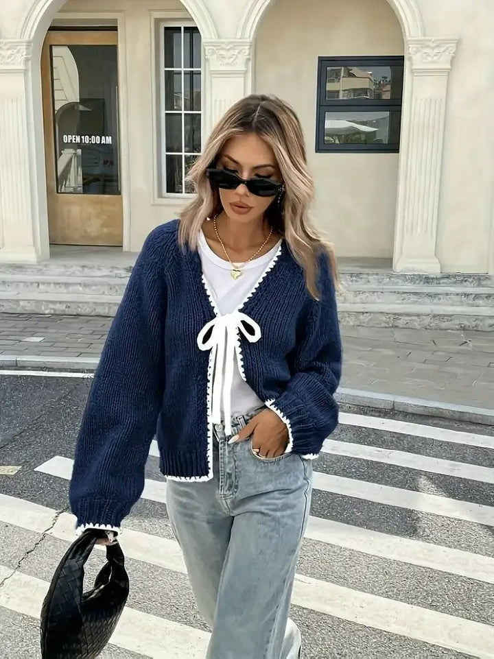 Drune | Damen Strick-Cardigan mit V-Ausschnitt und Schleifenverschluss