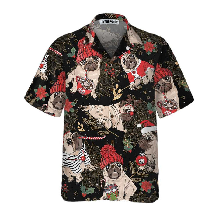 Drune | Fröhliches Pug Party Hawaiihemd, Lustiges Weihnachtspug-Hundeshirt für Männer
