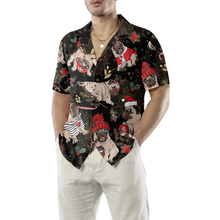 Drune | Fröhliches Pug Party Hawaiihemd, Lustiges Weihnachtspug-Hundeshirt für Männer