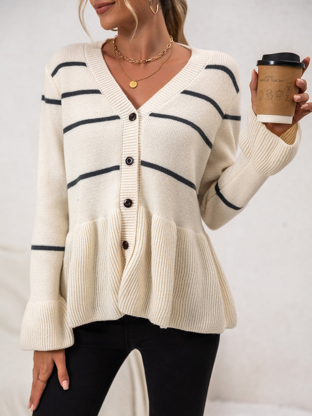 Drune | Damen Gestreifter Strick-Cardigan mit V-Ausschnitt und Knopfverschluss