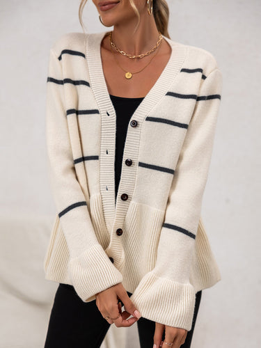 Drune | Damen Gestreifter Strick-Cardigan mit V-Ausschnitt und Knopfverschluss