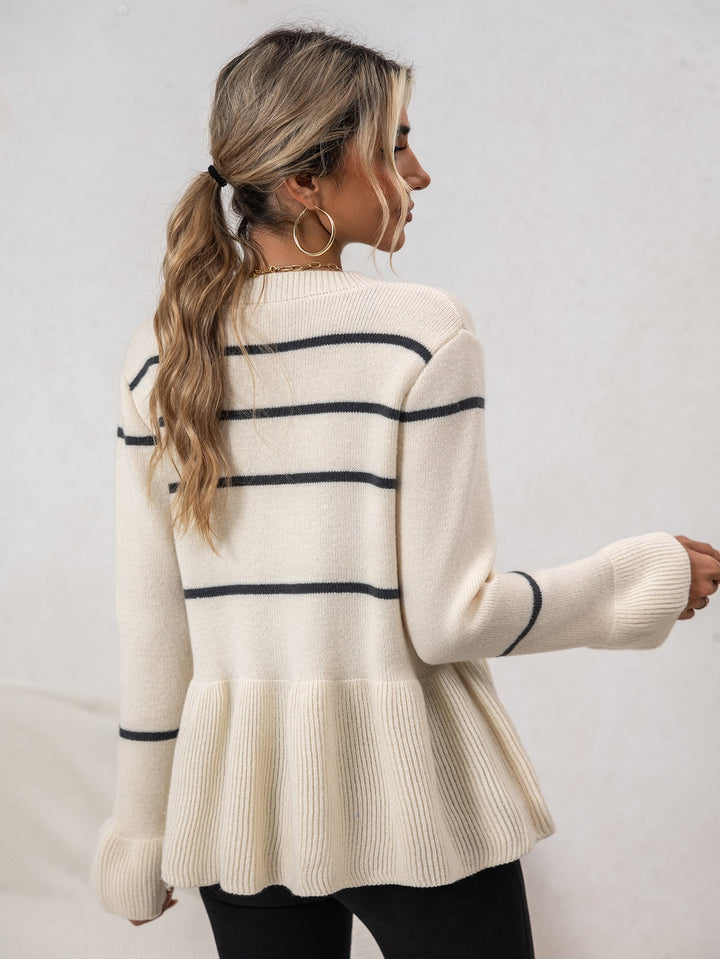 Drune | Damen Gestreifter Strick-Cardigan mit V-Ausschnitt und Knopfverschluss