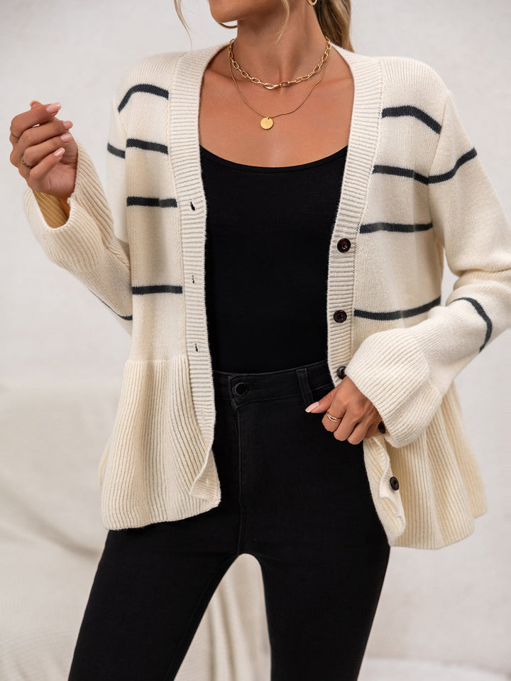 Drune | Damen Gestreifter Strick-Cardigan mit V-Ausschnitt und Knopfverschluss