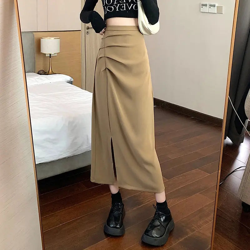 Drune - Midi-Rock für Damen mit Falten und Seitenschlitz im Koreanischen Stil
