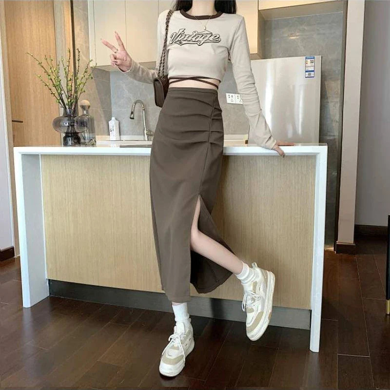 Drune - Midi-Rock für Damen mit Falten und Seitenschlitz im Koreanischen Stil