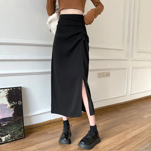 Drune - Midi-Rock für Damen mit Falten und Seitenschlitz im Koreanischen Stil