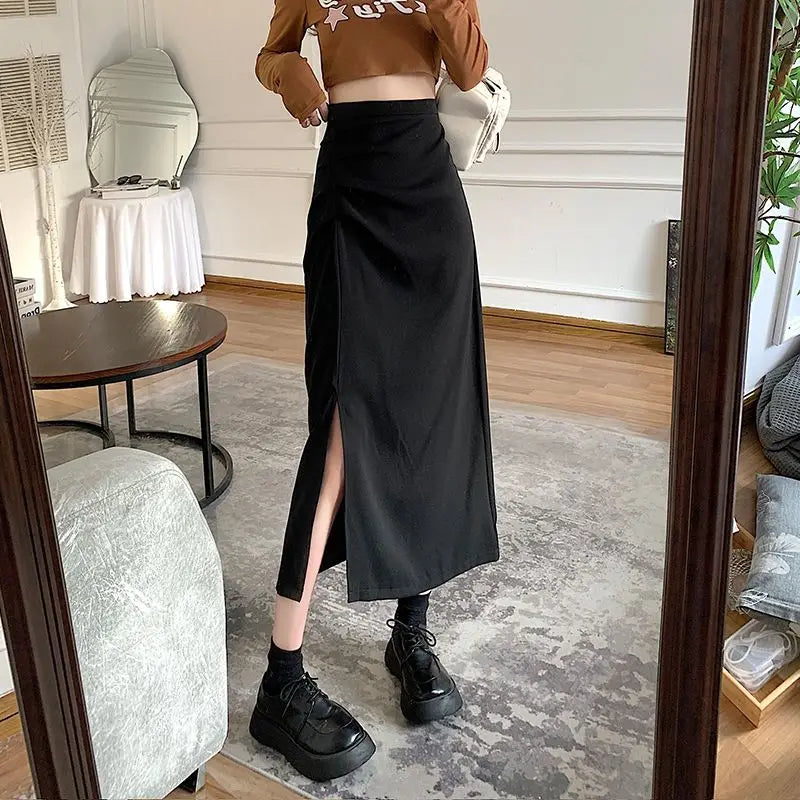Drune - Midi-Rock für Damen mit Falten und Seitenschlitz im Koreanischen Stil