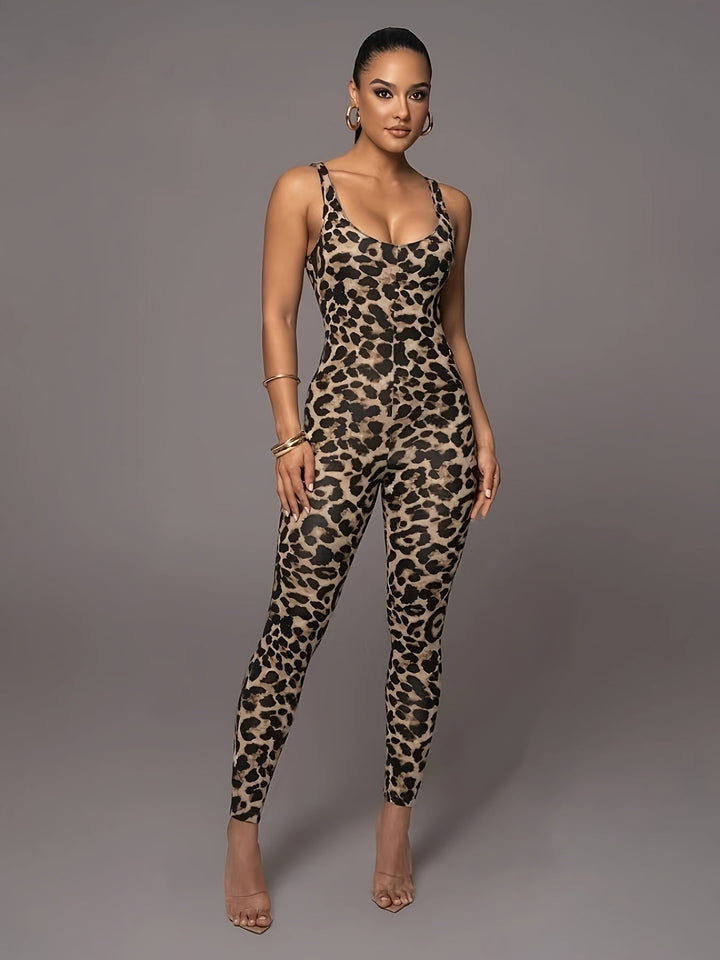 Drune | Damen Jumpsuit Mit Leopardenmuster Trendy Sportlicher Catsuit Mit Hohem Stretch