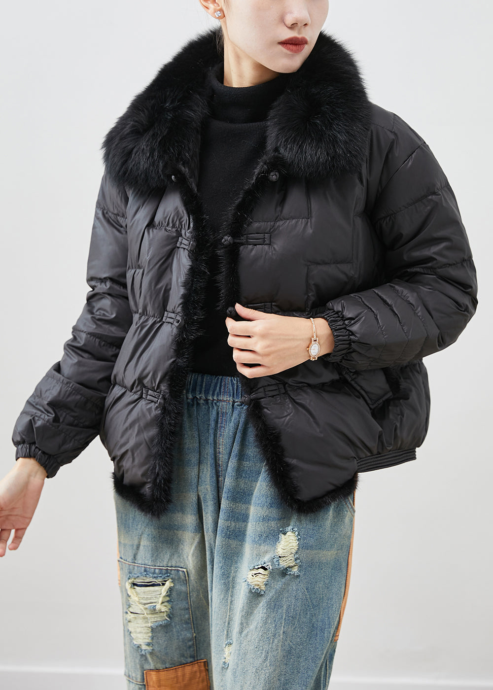 Drune | Schwarze Fuchs Kragen Patchwork Nerz Haar Entenfedern Puffermäntel Winter
