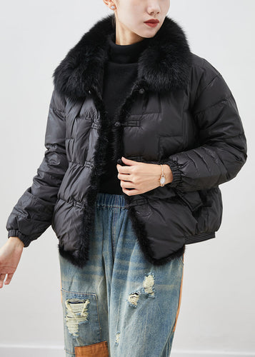 Drune | Schwarze Fuchs Kragen Patchwork Nerz Haar Entenfedern Puffermäntel Winter