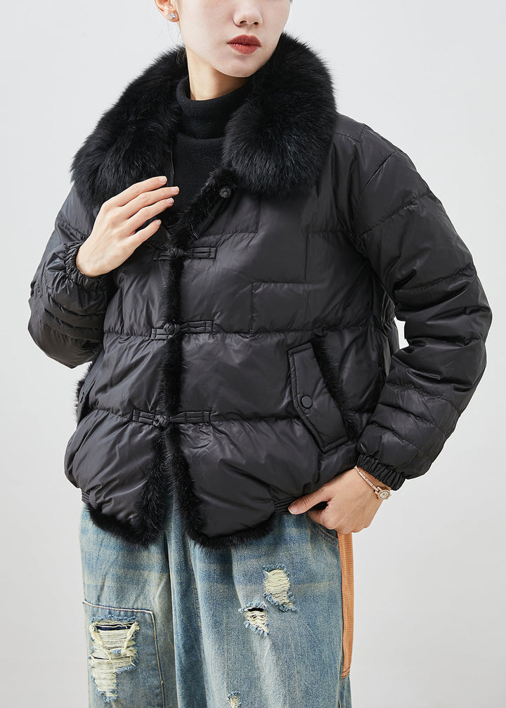 Drune | Schwarze Fuchs Kragen Patchwork Nerz Haar Entenfedern Puffermäntel Winter