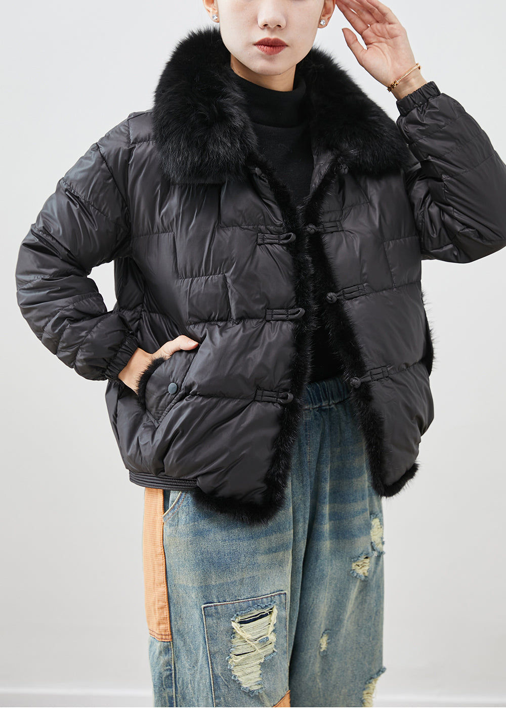 Drune | Schwarze Fuchs Kragen Patchwork Nerz Haar Entenfedern Puffermäntel Winter