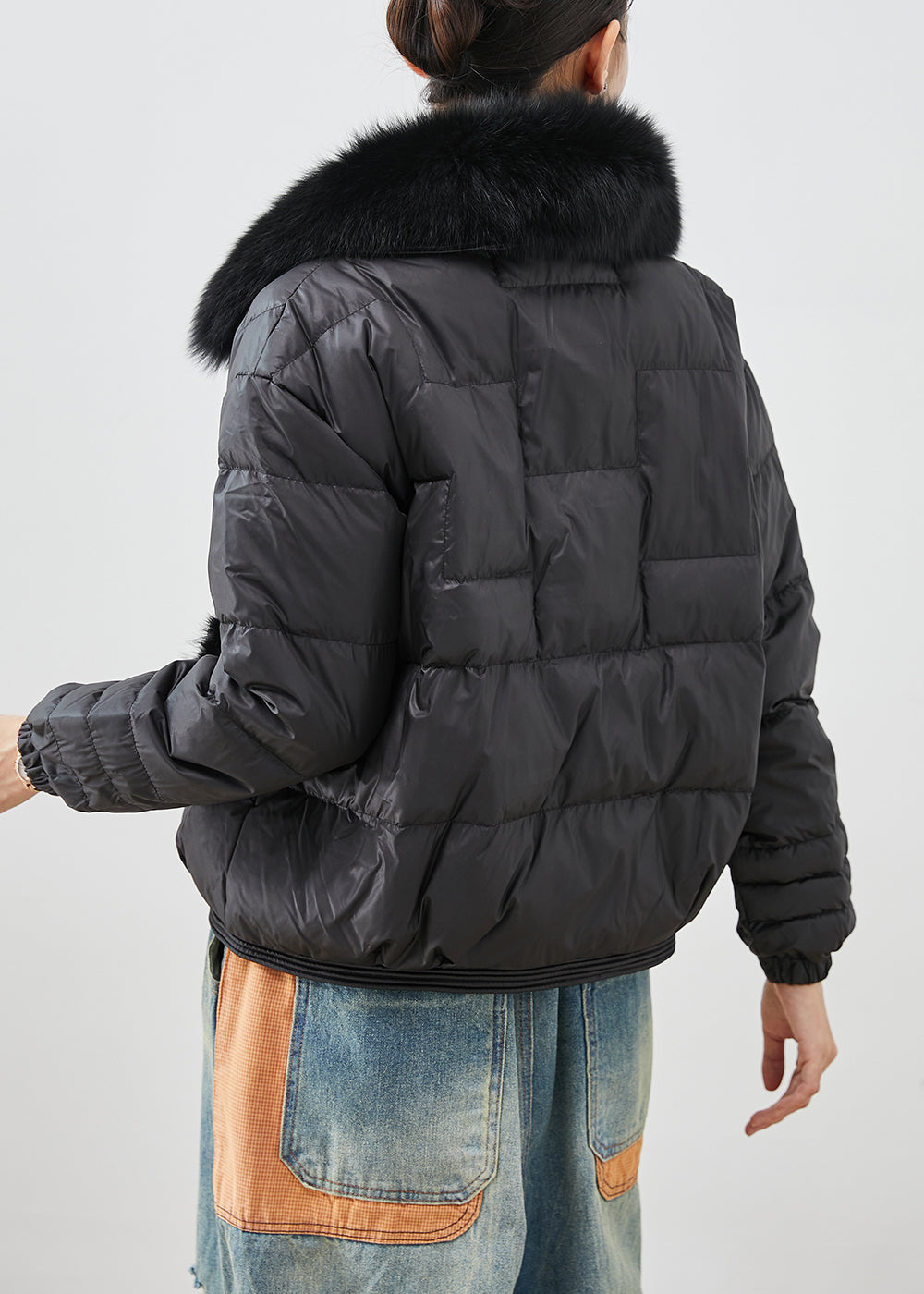 Drune | Schwarze Fuchs Kragen Patchwork Nerz Haar Entenfedern Puffermäntel Winter