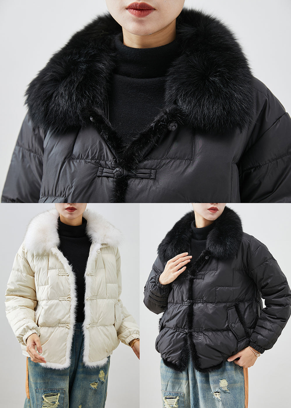 Drune | Schwarze Fuchs Kragen Patchwork Nerz Haar Entenfedern Puffermäntel Winter