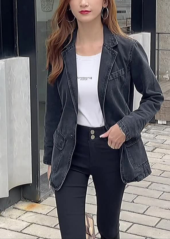Drune | Schwarze Notched Pockets Patchwork Denim Mäntel Lange Ärmel