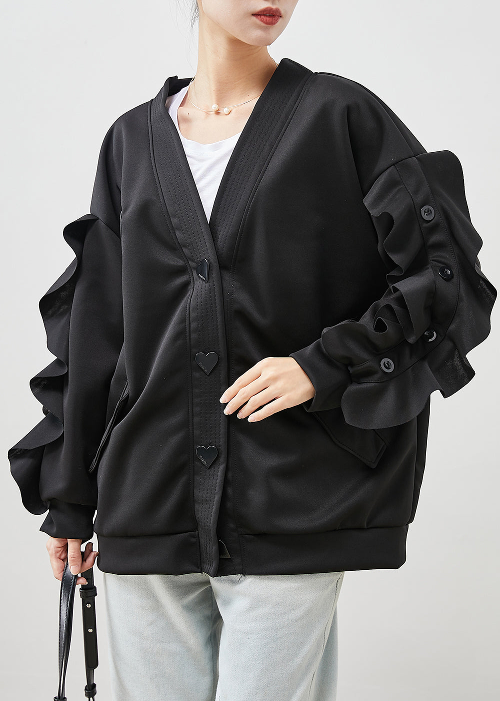 Drune | Schwarze Rüschenshirt Patchwork Baumwolljacken