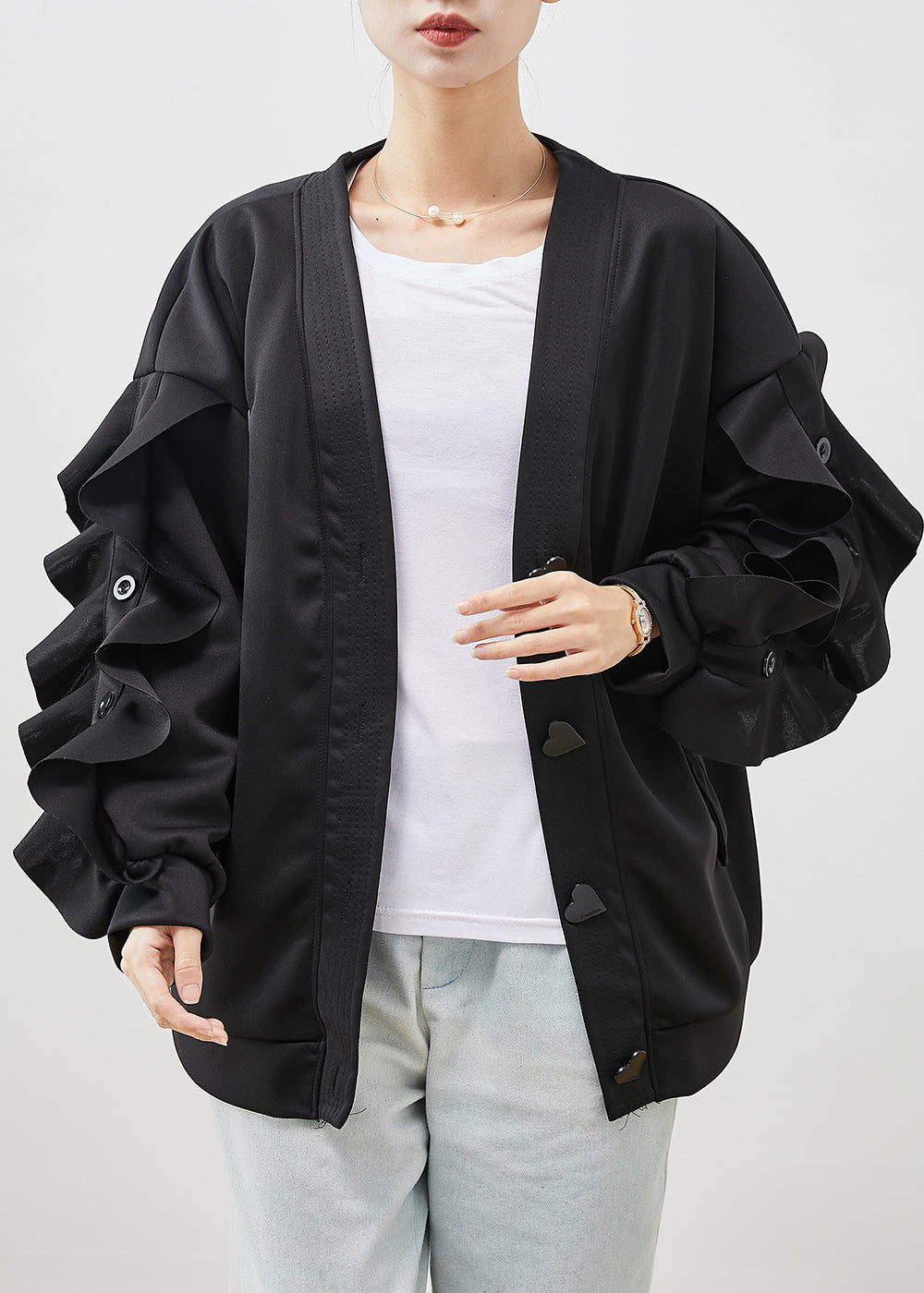 Drune | Schwarze Rüschenshirt Patchwork Baumwolljacken