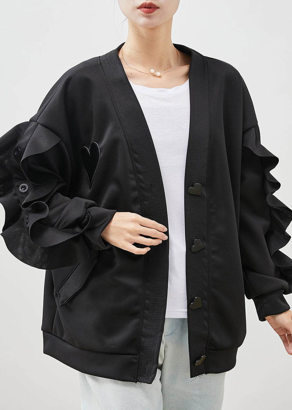 Drune | Schwarze Rüschenshirt Patchwork Baumwolljacken