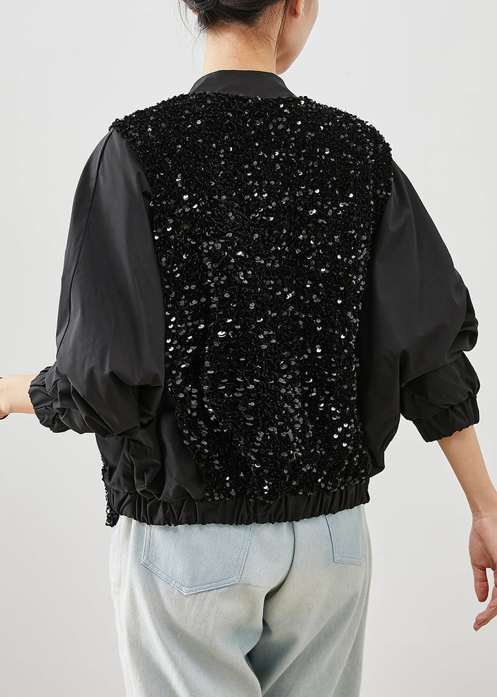 Drune | Schwarze Pailletten Taschen Patchwork Baumwolljacken