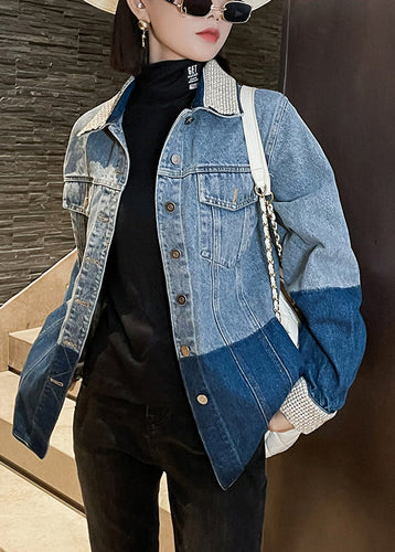 Drune | Blaue Peter Pan Kragen Knopf Patchwork Denim Mäntel Lange Ärmel
