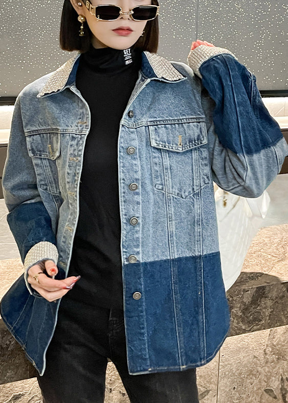 Drune | Blaue Peter Pan Kragen Knopf Patchwork Denim Mäntel Lange Ärmel