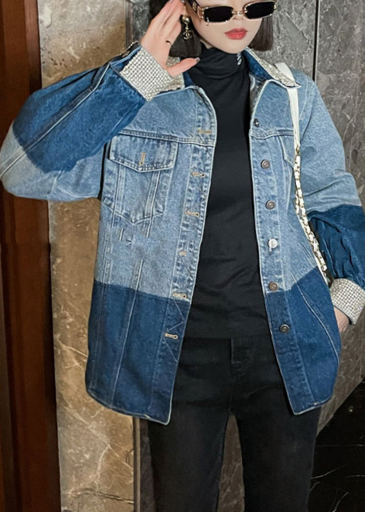 Drune | Blaue Peter Pan Kragen Knopf Patchwork Denim Mäntel Lange Ärmel